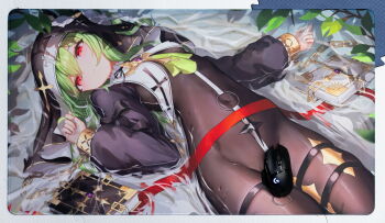1girl absurdres artist_request belt black_bodystocking blush bodystocking book chain closed_mouth commission computer_mouse convenient_censoring cross cuffs green_hair hair_between_eyes highres huanxiang_koudai_meow indie_virtual_youtuber leaf long_hair long_sleeves looking_at_viewer lying merchandise_available mousepad_(medium) navel nun o-ring on_back photo_(medium) puffy_sleeves red_eyes second-party_source shackles smile solo thigh_strap veil virtual_youtuber water