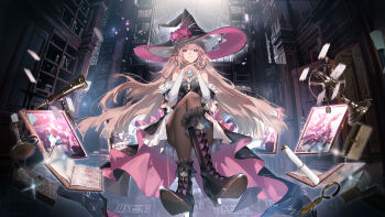 1girl bare_shoulders black_boots black_dress black_pantyhose book bookshelf boots brown_hair candle candlestand commentary_request cross dress floating flower hat hat_flower herta_(honkai:_star_rail) highres honkai:_star_rail honkai_(series) kuuus long_hair magnifying_glass open_book pantyhose portrait purple_eyes ruan_mei_(honkai:_star_rail) solo telescope the_herta_(honkai:_star_rail) witch_hat