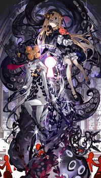 2girls abigail_williams_(fate) abigail_williams_(first_ascension)_(fate) abigail_williams_(third_ascension)_(fate) absurdres black_bow black_dress black_hat black_panties blonde_hair bloomers blue_eyes bow dress dual_persona fate/grand_order fate_(series) hair_bow hat hat_bow highres key keyhole long_hair long_sleeves looking_at_viewer mento multiple_girls multiple_hair_bows multiple_hat_bows navel orange_bow pale_skin panties parted_bangs polka_dot polka_dot_bow red_eyes revealing_clothes ribbed_dress sleeves_past_fingers sleeves_past_wrists smile stuffed_animal stuffed_toy teddy_bear tentacles third_eye underwear very_long_hair white_bloomers white_hair witch_hat