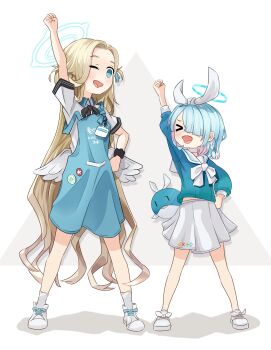 &gt;_&lt; 2girls :d absurdres angel_wings apron aqua_hair arona_(blue_archive) black_bow black_bowtie blue_archive blue_eyes blue_serafuku bow bowtie braid choker colored_inner_hair commentary feathered_wings forehead full_body hair_ornament hair_over_one_eye halo hand_on_own_hip height_difference highres id_card light_brown_hair long_hair long_sleeves looking_at_another multicolored_hair multiple_girls open_mouth part_time_job parted_bangs pleated_skirt raised_fist school_uniform scrunchie serafuku shijima_(shijima_tc) shirt shoes short_hair short_sleeves sidelocks simple_background single_braid skirt smile sneakers sora_(blue_archive) standing store_clerk stuffed_whale two-tone_hair two_side_up white_choker white_shirt white_skirt white_wings wings wrist_scrunchie xd