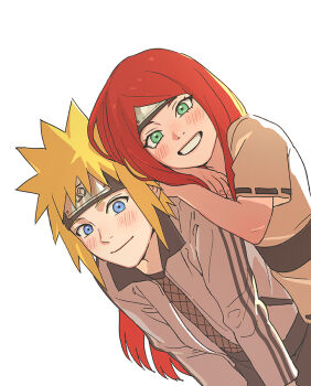 1boy 1girl black_headband blonde_hair blue_eyes blush closed_mouth couple fishnet_top fishnets geonseung green_eyes grey_jacket grin headband hetero jacket konohagakure_symbol long_hair looking_at_viewer namikaze_minato naruto_(series) parted_bangs red_hair short_hair smile spiked_hair teeth upper_body uzumaki_kushina white_background