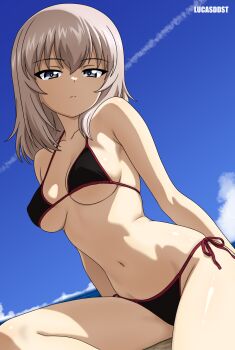 1girl artist_name beach bikini black_bikini blue_eyes blue_sky breasts clear_sky closed_mouth cloud collarbone commentary contrail covered_erect_nipples day dutch_angle english_commentary girls_und_panzer grey_hair highres horizon itsumi_erika looking_at_viewer lucasddst medium_breasts medium_hair mixed-language_commentary navel ocean official_style outdoors side-tie_bikini_bottom sitting sky solo swimsuit water