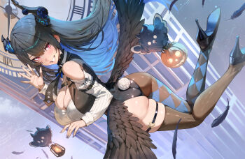 1girl :d adapted_costume argyle_clothes argyle_pantyhose ass asymmetrical_horns black_hair black_leotard black_necktie black_pantyhose black_shoes black_thighhighs black_wings blue_hair breasts cleavage clock clock_tower clothing_cutout collared_shirt colored_inner_hair commentary dress_shirt english_commentary fake_tail falling_feathers feathered_wings feathers flower grin high_heels hololive hololive_english horn_flower horns jailbird_(nerissa_ravencroft) large_breasts leotard long_hair long_sleeves looking_at_viewer low_wings maro2ki3 midair mole mole_under_eye multicolored_hair necktie nerissa_ravencroft nerissa_ravencroft_(1st_costume) o-ring o-ring_thigh_strap open_mouth pantyhose playboy_bunny purple_eyes rabbit_tail ribbed_shirt shirt shoes short_necktie shoulder_cutout single_leg_pantyhose single_thighhigh slit_pupils smile solo tail thigh_strap thighhighs tower uneven_horns very_long_hair virtual_youtuber waving white_shirt wings