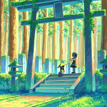 2girls absurdres ajirogasa black_hair black_skirt brown_hat capelet commentary commentary_request dress english_commentary grey_dress hat hat_ornament highres jiangshi long_hair mixed-language_commentary miyako_yoshika moss multiple_girls ofuda outdoors outstretched_arms purple_hat red_capelet red_shirt shirt short_sleeves sitting skirt stairs star_(symbol) star_hat_ornament stone_lantern suteruko tombstone torii touhou tree yatadera_narumi zombie_pose