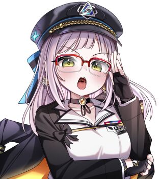 1girl arm_under_breasts asymmetrical_bangs black_choker black_gloves blush breasts choker commentary_request dasom earrings fingerless_gloves gem gloves goddess_of_victory:_nikke green_eyes hat highres jewelry korean_commentary long_hair long_sleeves looking_at_viewer medium_breasts neon_(nikke) neon_(vision_eye)_(nikke) open_mouth red-framed_eyewear salute semi-rimless_eyewear simple_background solo teeth upper_body upper_teeth_only white_background white_hair