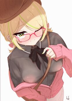 1girl absurdres artist_name bag beret black_shirt blonde_hair blush breasts cardigan commentary english_commentary eyelashes fuzuki_miki fuzuki_miki_(2nd_costume) glasses green_eyes green_hair green_nails handbag hat hdukl highres indie_virtual_youtuber looking_at_viewer medium_breasts medium_hair mole mole_under_eye multicolored_hair nipples no_bra off_shoulder one_eye_closed open_cardigan open_clothes pink-framed_eyewear pink_cardigan pursed_lips see-through_clothes shirt short_twintails signature simple_background sleeves_past_wrists solo streaked_hair sweatdrop twintails virtual_youtuber white_background