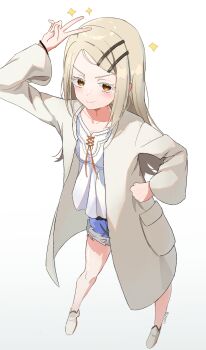 >:) 1girl arm_up blonde_hair blush camisole chinese_commentary closed_mouth coat collarbone colored_eyelashes commentary_request cutoffs denim denim_shorts eyelashes forehead foreshortening full_body gakuen_idolmaster grey_coat hair_ornament hairclip hand_on_own_hip highres idolmaster long_hair long_sleeves looking_at_viewer open_clothes open_coat orange_eyes parallel_hairclips parted_bangs shinosawa_hiro shorts simple_background smile smirk smug solo sparkle split_mouth standing twitter_username upturned_eyes v v-shaped_eyebrows white_background white_camisole wide_sleeves zhuti483486