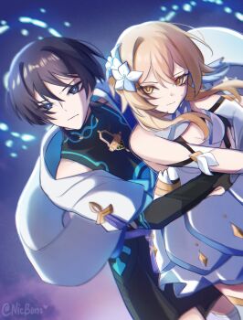 Rule 34 | 1boy, 1girl, absurdres, arm cutout, armor, bare shoulders, black bodysuit, black bridal gauntlets, black hair, black shorts, blonde hair, blue eyes, blue feathers, blue sleeves, blue trim, blunt ends, bodysuit, breasts, bridal gauntlets, bright pupils, carrying, carrying person, cleavage, closed mouth, clothing cutout, commentary, covered collarbone, detached sleeves, dress, english commentary, eyelashes, eyeliner, feather hair ornament, feathers, flower, flying, genshin impact, hair flower, hair ornament, highres, hip vent, hug, hug from behind, japanese armor, kote, kurokote, large breasts, layered sleeves, looking past viewer, lumine (genshin impact), makeup, nicbuns, purple rope, purple sky, red eyeliner, rope, scaramouche (genshin impact), scarf, scene reference, short hair, short hair with long locks, short sleeves, shorts, shoulder peek, sidelocks, sky, sweatdrop, turtleneck, turtleneck bodysuit, twitter username, wanderer (genshin impact), white dress, white flower, white pupils, white scarf, white sleeves, wispy bangs, yellow eyes