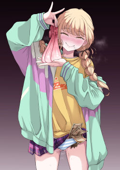 Rule 34 | 1girl, absurdres, blonde hair, blush, braid, commentary request, condom, cowboy shot, fujita kotone, gakuen idolmaster, gluteal fold, highres, holding, holding condom, idolmaster, jacket, kiral kuota, long hair, looking at viewer, low twin braids, money, multicolored jacket, multiple condoms, open clothes, open jacket, panties, shirt, skirt, smile, solo, stray pubic hair, tucked money, twin braids, underwear, used condom, yellow eyes, yellow shirt