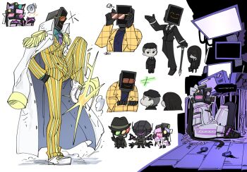 2girls 4boys alloc_(project_moon) android animal_ears animal_hands aqua_shirt bada_(project_moon) black_coat black_eyes black_hair black_hat black_jacket black_necktie bono_(project_moon) borsalino_(kizaru)_(cosplay) camera cane cardiogram cat_ears closed_mouth coat coat_on_shoulders collared_shirt cosplay crayon_shin-chan dalloc_(project_moon) fedora force_(4sk_force) formal_clothes hat jacket kizaru_(one_piece) lapels library_of_ruina long_hair martina_(project_moon) monitor multiple_boys multiple_girls necktie nemo_(project_moon) notched_lapels object_head one_piece plaid_clothes plaid_jacket plaid_suit project_moon purple_necktie screen shirt simple_background smile striped_suit suit sunglasses takakura_bunta takakura_bunta_(cosplay) very_long_hair white_background white_coat yellow_suit