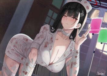 1girl bandages black_hair blood blood_on_clothes blue_archive blush breasts choker dress hair_ornament hairclip halo hat highres large_breasts long_hair looking_at_viewer nurse_cap red_eyes rio_(blue_archive) short_dress short_sleeves solo very_long_hair white_dress white_hat yamikyon