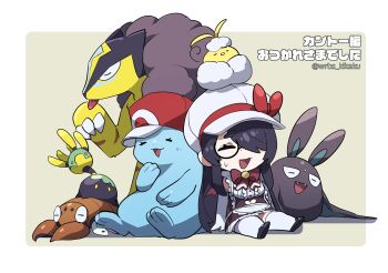 1girl animal animal_on_head apron bird bird_on_head black_hair black_shoes bow bowtie center_frills character_request check_character closed_eyes clothing_cutout commentary_request crobat elbow_gloves fangs frills gen_1_pokemon gen_2_pokemon gen_3_pokemon gloves hat heart_cutout indie_virtual_youtuber itou_life_(vtuber) legendary_pokemon lileep long_hair navel_cutout nintendo on_head open_mouth paras pokemon pokemon_(creature) quagsire raikou red_bow red_bowtie red_hat shirt shoes sitting swablu sweatdrop thighhighs twitter_username waist_apron white_apron white_gloves white_hat white_shirt wrbs