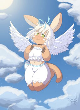 1girl absurdres angel_wings blue_bow blue_sky bow cloud cloudscape cloudy_sky dotted_background feathered_wings furry green_eyes highres huge_filesize incredibly_absurdres made_in_abyss nanachi_(made_in_abyss) rabbit_ears riiya_(riiya932) signature sky smile sun sunlight tail white_cloud white_hair white_wings wings