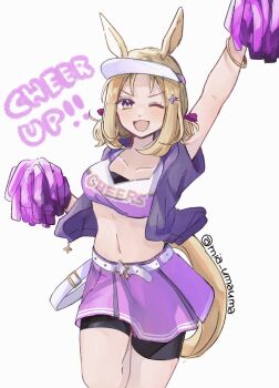 1girl animal_ears belt bike_shorts black_shorts blonde_hair blush bracelet breasts cheerleader collarbone crop_top hair_ornament highres holding holding_pom_poms horse_ears horse_girl horse_tail jacket jewelry looking_at_viewer medium_breasts medium_hair mia_umauma narita_top_road_(umamusume) navel one_eye_closed open_clothes open_jacket open_mouth pom_pom_(cheerleading) pom_poms purple_eyes purple_jacket purple_skirt shorts shorts_under_skirt skirt smile solo stomach tail umamusume white_belt