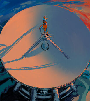 1other apios arms_at_sides backlighting black_sclera black_skin blue_skin blue_sky cloud colored_sclera colored_skin deoxys deoxys_(normal) english_text full_body gen_3_pokemon highres japanese_text looking_at_viewer mixed-language_text multicolored_skin mythical_pokemon nintendo orange_skin orange_sky other_focus outdoors pokemon pokemon_(creature) satellite_dish scenery sky solo standing sunset translation_request white_eyes wide_shot