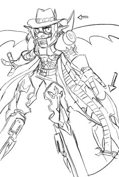 Rule 34 | belt, cowboy hat, digimon, digimon (creature), hat, highres, lineart, magnakidmon, mask, monochrome