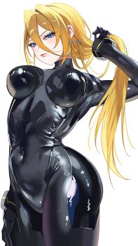 Rule 34 | 1girl, absurdres, alternate color, alternate costume, black bodysuit, blonde hair, blue eyes, blush, bodysuit, breasts, closed mouth, covered navel, highres, impossible bodysuit, impossible clothes, large breasts, long hair, looking at viewer, metroid, mole, mole under mouth, nintendo, ponytail, samus aran, simple background, skin tight, solo, super smash bros., white background, yasaikakiage, zero suit