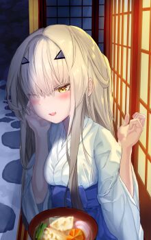 1girl absurdres blush bowl breasts commentary_request fate/grand_order fate_(series) food forked_eyebrows highres long_hair looking_at_viewer melusine_(fate) one_eye_closed open_mouth pov sidelocks small_breasts smile solo tutuuraura88 white_hair yellow_eyes