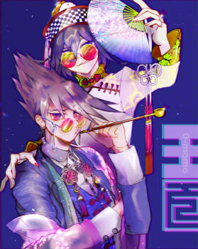 Rule 34 | :o, alternate costume, blue background, blue jacket, blue vest, brooch, checkered hat, chinese clothes, collared shirt, commentary request, confused, contrast collar, danganronpa (series), danganronpa v3: killing harmony, delidelidelic, dress shirt, earrings, eyes visible through hair, facial hair, fingernails, floral print, folding fan, goatee, gradient-tinted eyewear, hand fan, hand on another's shoulder, hat, high collar, highres, holding, holding fan, holding smoking pipe, jacket, jacket partially removed, jewelry, layered sleeves, light particles, long sleeves, male focus, mandarin collar, momota kaito, nail polish, oma kokichi, open mouth, pink-tinted eyewear, pink nails, print sleeves, purple eyes, purple hair, purple jacket, qingdai guanmao, raised eyebrow, round eyewear, see-through clothes, see-through sleeves, ship name, shirt, sleeve cuffs, smirk, smoking, smoking pipe, smug, stud earrings, sunglasses, tassel, tinted eyewear, v-neck, vest, white hat, white shirt, yellow-tinted eyewear