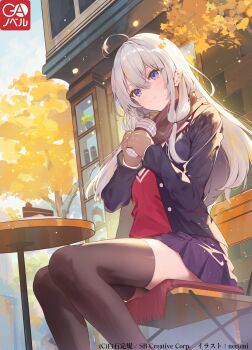 1girl absurdres ahoge black_thighhighs blazer brown_gloves cake cake_slice chair closed_mouth commentary_request cover cover_image cup disposable_cup elaina_(majo_no_tabitabi) food gloves grey_hair highres holding holding_cup jacket long_hair majo_no_tabitabi majo_no_tabitabi_gakuen necomi novel_illustration official_art on_chair open_clothes open_jacket outdoors purple_eyes purple_skirt scarf school_uniform second-party_source sitting skirt smile solo thighhighs zettai_ryouiki