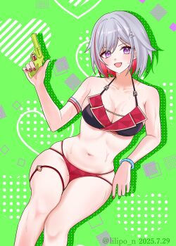 1girl bikini breasts grey_hair gun heart highres holding holding_gun holding_weapon honkai:_star_rail honkai_(series) large_breasts lilipon navel open_mouth purple_eyes red_hair short_hair smile solo square swimsuit thigh_strap topaz_(honkai:_star_rail) twitter_username water_gun weapon