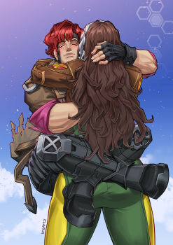 1girl absurdres ass bodysuit brown_hair colored_bangs commentary english_commentary gambit gloves green_bodysuit highres jacket long_hair marvel marvel_rivals multicolored_bodysuit multicolored_hair rogue_(x-men) smile tre_artz two-tone_bodysuit two-tone_hair white_hair x-men yellow_bodysuit