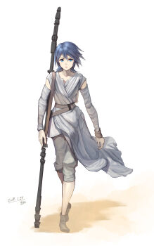 Rule 34 | 1girl, 2018, aqua (kingdom hearts), blue eyes, blue hair, capri pants, collarbone, cosplay, dated, female focus, full body, gogo (detteiu de), grey pants, hair between eyes, highres, kingdom hearts, kingdom hearts birth by sleep, looking at viewer, medium hair, open mouth, pants, rey (star wars), rey (star wars) (cosplay), signature, simple background, solo, staff, star wars, star wars: the force awakens, v-shaped eyebrows, white background