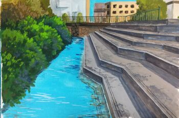 apartment building bush commentary day harusa1107 highres no_humans original painting_(medium) railing reflection reflective_liquid road stairs street symbol-only_commentary town traditional_media tree water