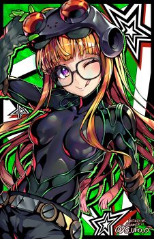 1girl ;q adamusuki belt black_bodysuit bodysuit breasts covered_navel glasses goggles goggles_on_head green_background highres looking_at_viewer one_eye_closed orange_hair persona persona_5 purple_eyes sakura_futaba skin_tight small_breasts solo tongue tongue_out