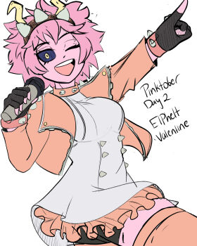 1girl absurdres acidart artist_name ashido_mina black_sclera boku_no_hero_academia colored_sclera colored_skin cosplay elphelt_valentine elphelt_valentine_(cosplay) female_focus guilty_gear guilty_gear_strive highres pink_hair pink_skin solo yellow_eyes