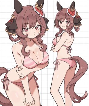 1girl animal_ears arm_under_breasts ass bikini blush braid braided_hair_rings breasts brown_hair cleavage closed_mouth commentary_request ear_covers feet_out_of_frame gentildonna_(umamusume) grid_background hair_ornament hair_rings hand_on_own_arm heart_ear_ornament highres horse_ears horse_girl horse_tail large_breasts leaning_forward long_hair looking_at_viewer multiple_views natsuke patterned_background pink_bikini red_eyes side-tie_bikini_bottom sidelocks simple_background smile standing swimsuit tail thighs umamusume