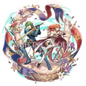 1boy 1girl alm_(fire_emblem) armor bikini_boody blue_armor breastplate breasts broken_pillar cape celica_(fire_emblem) circlet commentary dress earrings english_commentary fingerless_gloves fire_emblem fire_emblem_echoes:_shadows_of_valentia floating_hair flower gauntlets gloves green_eyes green_hair hairband headband highres holding holding_sword holding_weapon jewelry long_hair medium_breasts nintendo open_mouth pauldrons petals purple_flower red_cape red_eyes red_hair short_hair shoulder_armor sword thighhighs tiara two-tone_cape watermark weapon white_armor white_cape white_dress white_flower