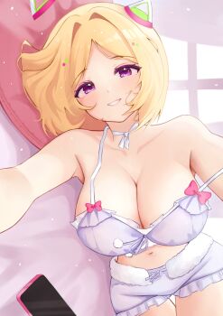 1girl absurdres aki_rosenthal aki_rosenthal_(sleepwear) alternate_breast_size_(larger) blonde_hair bloomers blue_bloomers blue_camisole blush bob_cut breasts camisole cellphone choker commentary_request dutch_angle frills headgear highres hololive large_breasts looking_at_viewer lying nyu-tan94 official_alternate_costume official_alternate_hairstyle on_bed on_side parted_bangs phone pillow purple_eyes ribbon_choker seductive_smile short_hair sleepwear smartphone smile solo spaghetti_strap strap_slip underwear virtual_youtuber white_choker