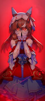 1girl animal_ears aura breasts brown_hair collarbone commentary_request dark_aura detached_sleeves fingernails glowing glowing_eyes hair_between_eyes hair_ornament highres horse_ears kafuki_fuka looking_at_viewer red_background ribbon simple_background small_breasts solo still_in_love_(scarlet_vow_raiment)_(umamusume) still_in_love_(umamusume) umamusume