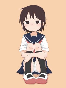 1girl black_socks blue_sailor_collar blue_skirt blush brown_eyes brown_hair cameltoe closed_mouth collarbone female_focus full_body half-closed_eyes have_to_pee hugging_own_legs kneehighs knees_up looking_afar matching_hair/eyes miniskirt neckerchief orange_background original panties pee peeing peeing_self pigeon-toed pleated_skirt ponnu_(tnpn2yw) red_neckerchief red_shoes sailor_collar school_uniform serafuku shirt shoes short_hair short_sleeves sidelocks simple_background sitting skirt socks solo split_mouth underwear upskirt wavy_mouth wet wet_clothes wet_panties white_panties white_shirt