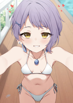 1girl bikini binsen breasts collarbone commentary_request cowboy_shot day earrings grin heart highres hoop_earrings idolmaster idolmaster_million_live! jewelry looking_at_viewer makabe_mizuki navel necklace outdoors purple_hair short_hair side-tie_bikini_bottom signature small_breasts smile solo standing swimsuit white_bikini yellow_eyes