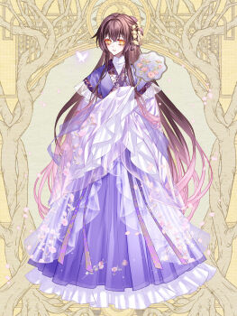 1girl anna_sehnsucht brown_hair bug butterfly dairoku_ryouhei floral_print full_body gradient_hair hair_ornament hand_fan highres insect japanese_clothes kimono long_hair multicolored_hair purple_kimono standing very_long_hair yellow_background yellow_eyes yusa_tk74