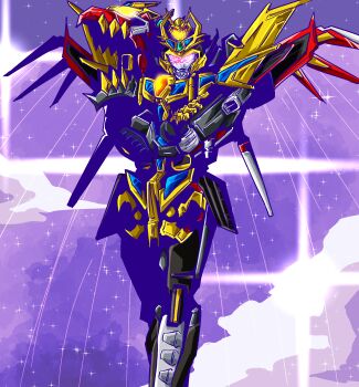 1boy armor cape crossed_arms giant glowing glowing_eyes gridknight_(ssss.gridman) gridman_universe headphones highres kaiser_gridknight looking_at_viewer mecha no_humans orange_eyes purple_cape robot science_fiction shoulder_armor shoulder_cannon solo ssss.dynazenon ssss.gridman super_robot visor yasaihata