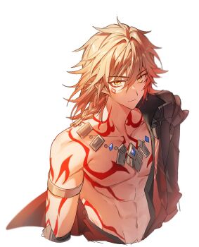 1boy abs arm_tattoo armlet bl_tarock black_coat blonde_hair braid chest_tattoo clawed_gauntlets coat earrings facial_tattoo gold_earrings gold_necklace gradient_hair highres honkai:_star_rail honkai_(series) jewelry male_focus medium_hair multicolored_hair mydei_(honkai:_star_rail) necklace open_clothes open_coat red_hair red_tattoo side_braid simple_background solo tattoo toned toned_male white_background yellow_eyes