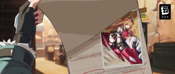 Rule 34 | 2girls, ahoge, bare shoulders, blonde hair, cissia (zenless zone zero), detached sleeves, hair between eyes, hair ornament, highres, jane doe (zenless zone zero), long hair, motor vehicle, motorcycle, multiple girls, official art, on motorcycle, open mouth, paper, pom pom (clothes), pom pom hair ornament, pov, pov hands, red eyes, red nails, thighhighs, zenless zone zero