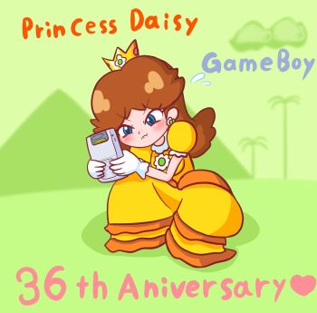 Rule 34 | 1girl, angry, anniversary, blue eyes, breasts, brown hair, crown, dress, earrings, flower earrings, game boy, gloves, handheld game console, highres, jewelry, long hair, mario (series), nintendo, orange dress, princess daisy, puffy short sleeves, puffy sleeves, short sleeves, super mario land