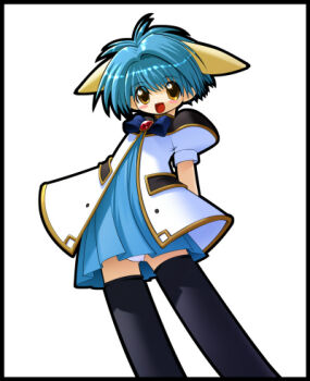1girl 2000s_(style) angel_wing_uniform animal_ears arms_behind_back bad_id black_border black_outline black_sleeves black_thighhighs blue_bow blue_dress blue_hair blush_stickers border bow brooch coat commentary dress feet_out_of_frame galaxy_angel gold_trim hair_intakes jewelry kitsupon legs_apart lowres mint_blancmanche outline panties puffy_short_sleeves puffy_sleeves short_hair short_sleeves simple_background sleeve_cuffs solo standing thick_outlines thighhighs two-tone_sleeves underwear white_background white_coat white_panties white_sleeves yellow_eyes