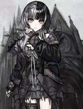 1girl architecture black_choker black_dress black_hair black_jacket black_thighhighs breasts choker church closed_mouth commentary commission cowboy_shot dress english_commentary expressionless fur-trimmed_jacket fur_trim gd783hhh gothic_architecture grey_hair hair_ornament hand_up highres hololive hololive_english jacket large_breasts long_hair long_sleeves looking_at_viewer multicolored_hair open_clothes open_jacket second-party_source shiori_novella shiori_novella_(1st_costume) solo split-color_hair standing thighhighs two-tone_hair virtual_youtuber yellow_eyes yorick_(shiori_novella)