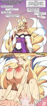 absurdres animal_ears breasts clothes completely_nude cowgirl_position cum cum_in_pussy dywtba-alt-universe ejaculation fertilization highres impregnation large_breasts long_hair looking_at_viewer lying mon-musu_quest! multiple_tails nude aged_up open_mouth ovum rolling_eyes sex straddling tail tamamo_(mon-musu_quest!) tongue tongue_out vaginal