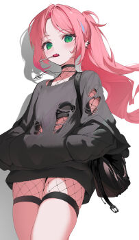 1girl absurdres aqua_streaks backpack bag black_bag black_sports_bra black_sweater blush commentary cowboy_shot earclip fishnets forehead green_eyes hanako_nana hands_in_pockets highres lollipop_in_mouth long_hair long_sleeves looking_at_viewer multicolored_hair no_pants parted_bangs pink_hair ponytail shadow simple_background solo sports_bra standing stellive streaked_hair sweater thumbsup_stella torn_clothes torn_sweater virtual_youtuber white_background