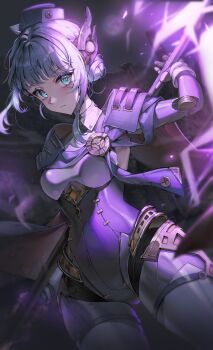 1girl absurdres android blue_eyes blue_hair breasts closed_mouth floating_hair genshin_impact highres holding ineffa_(genshin_impact) looking_at_viewer mechanical_arms metal_skin nq_(nnq_q) robot_ears robot_girl short_hair solo