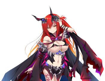 1girl areola_slip breasts chikubi_(artist) corruption dark_persona detached_sleeves game_cg gradient_hair hair_ornament kusarou large_breasts large_variant_set long_hair looking_at_viewer mahou_shoujo_inori mamiya_inori multicolored_hair navel nipple_slip nipples non-web_source official_art red_hair revealing_clothes smile solo tattoo transparent_background variant_set yellow_eyes