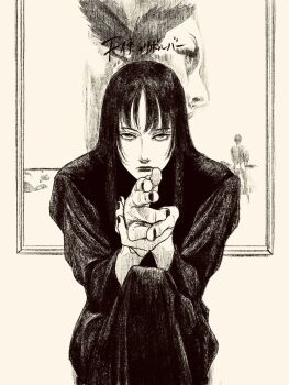 1girl black_hair black_nails finger_gun highres long_sleeves looking_at_viewer original pointing pointing_at_viewer poster_(object) solo tp_p_pt white_background