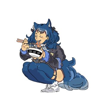 Rule 34 | 1girl, animal ears, black ribbon, blue hair, chopsticks, closed eyes, dire wolf (kemono friends), eating, extra ears, eyeshadow, food, full body, garter straps, highres, jacket, kemono friends, kemono friends v project, long hair, makeup, nail polish, noodles, ribbon, shoes, simple background, sitting, skirt, solo, tail, thighhighs, twintails, udon, virtual youtuber, wolf ears, wolf girl, wolf tail, z xuu2
