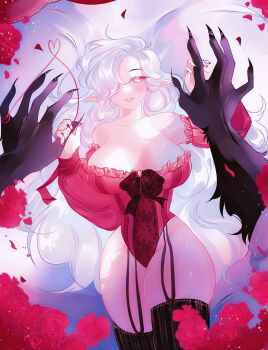 1girl bare_shoulders black_garter_straps black_thighhighs breasts commentary earrings english_commentary flower garter_straps hair_over_one_eye heart heart-shaped_pupils highres holding_hands jewelry kajackies leotard long_hair looking_at_viewer original petals pink_flower pink_leotard pink_nails pink_petals pointy_ears string string_of_fate symbol-shaped_pupils thighhighs white_hair